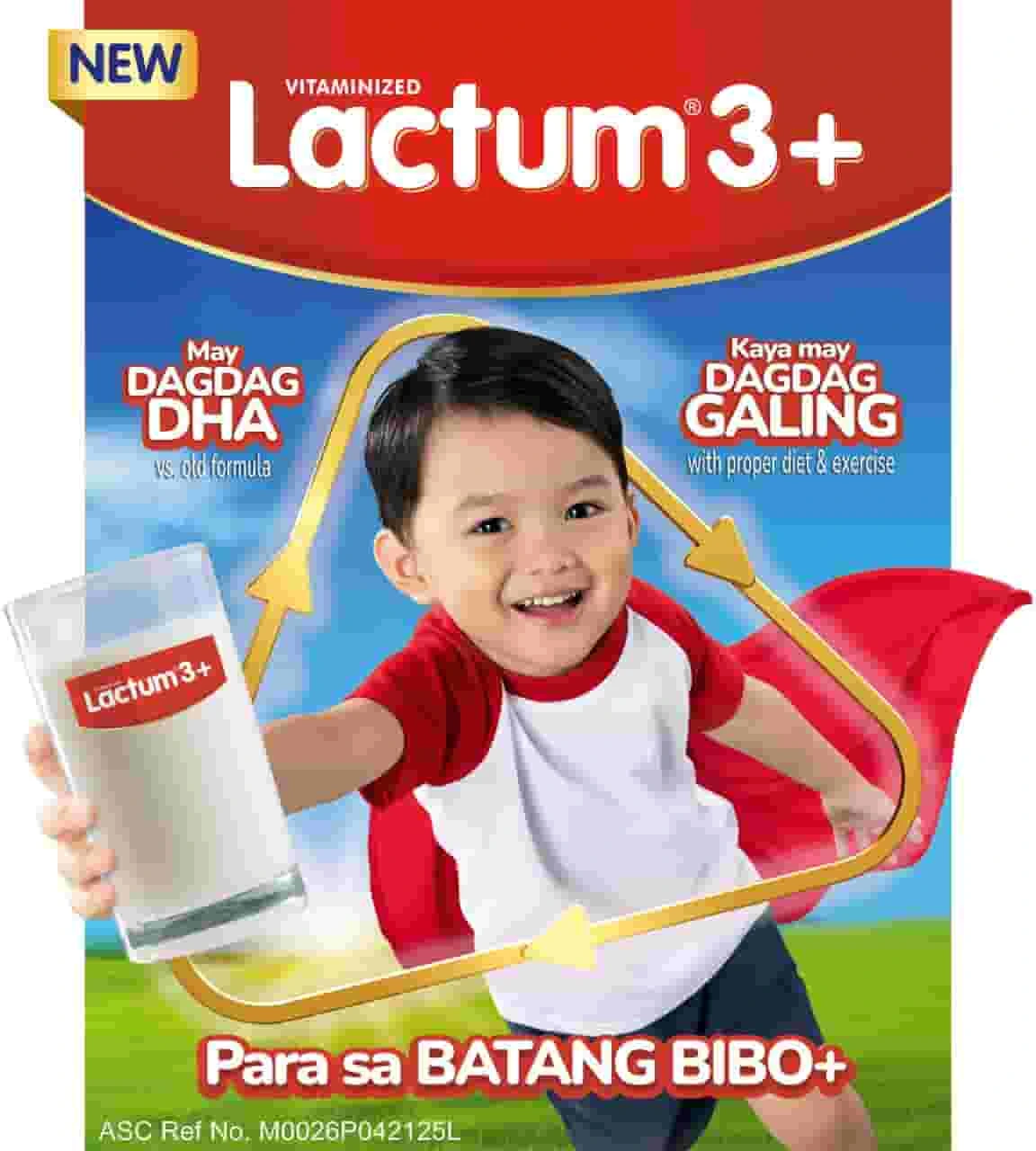 Lactum 3+ powdered milk with DHA for kids showing Bibo+ child with glass of milk and benefits higlighted